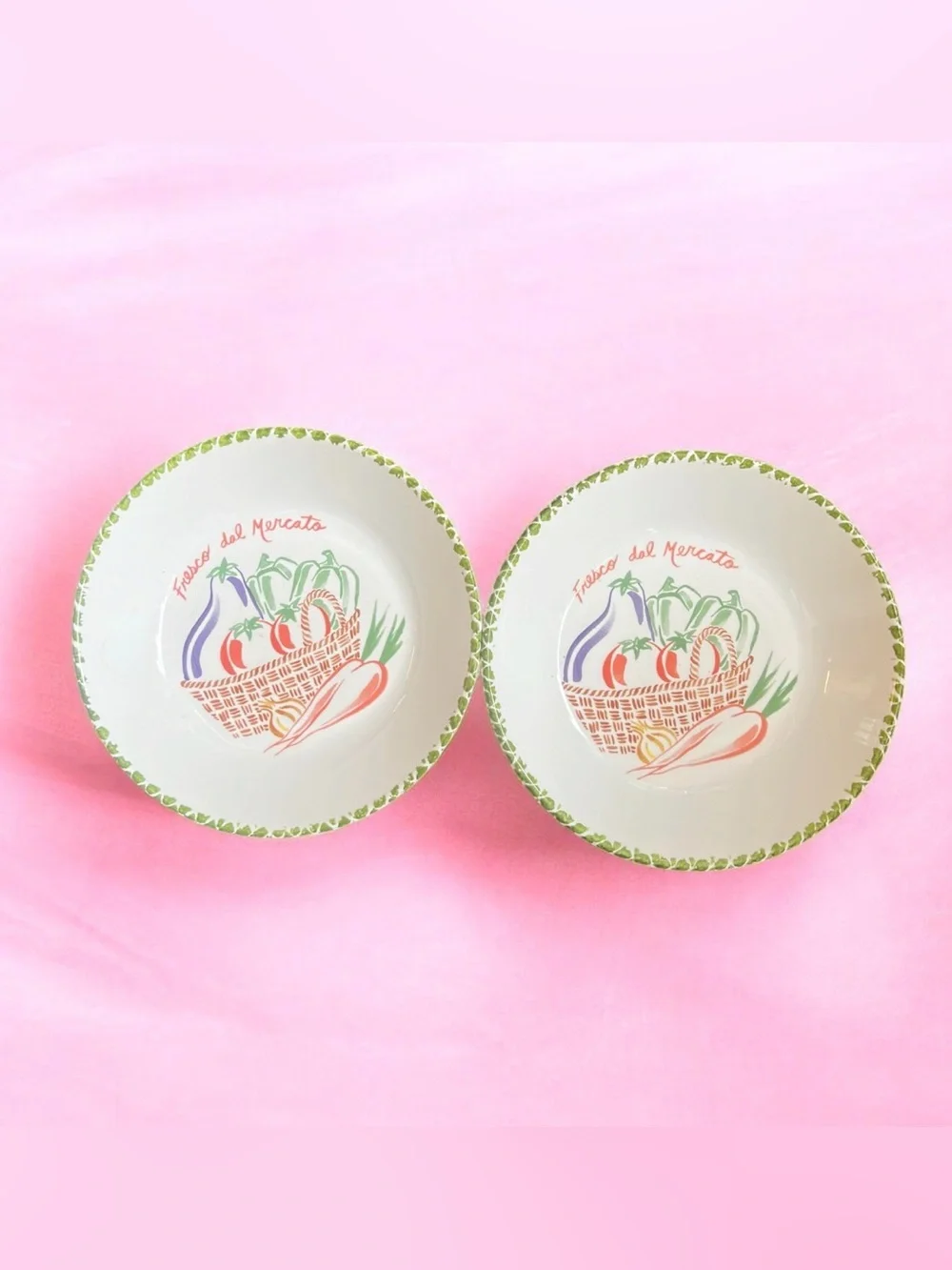 La Primula Italian Set of 2 Ceramic Vegetable Basket Serving Bowls in Green Trim